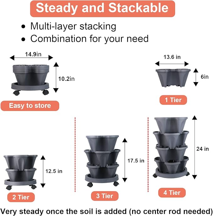 Vertical Planter 4 Tier Stackable Planters Garden Planters Strawberry Herb Flower and Vegetable Planter Indoor Outdoor Gardening Pots with Removable Wheels and Tools