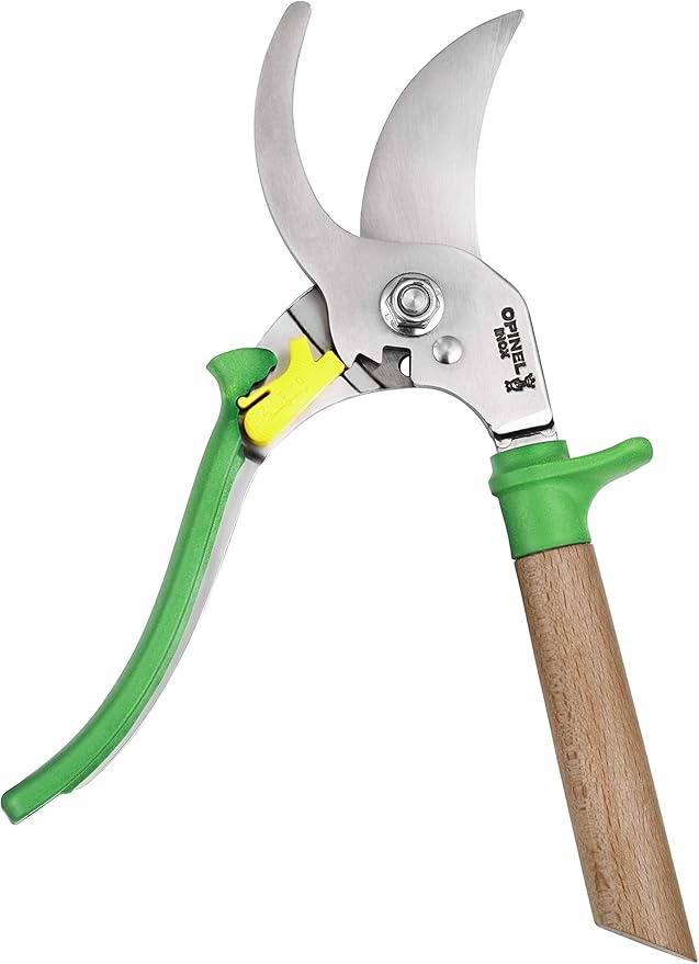 Opinel Hand Pruning Shears with non-slip beech wood handle perfect for bypass trimmers, garden, hedge, lawn clippers or hand scissors with stainless steel blade (Green)