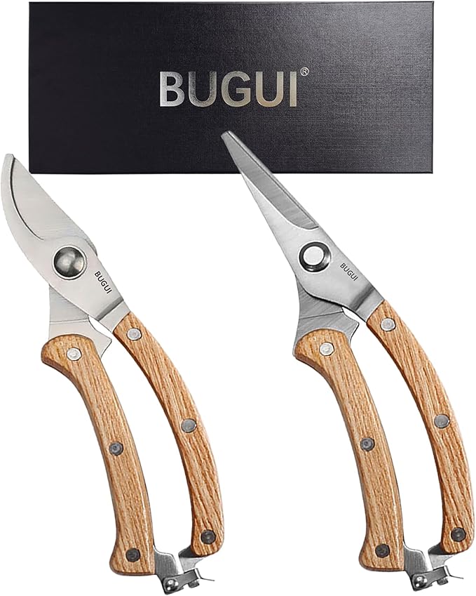 BUGUI 8β Wood Handle Garden Scissors, Set of 2, Includes Bypass Pruning Shears and Long Straight Tip Clippers, Premium Gardening Tools with Precision-Ground SK-5 Steel Blade