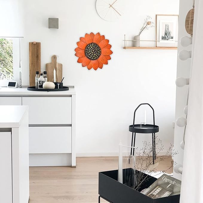 EASICUTI Orange Sunflower Metal Flowers Wall Decor Metal Wall Art Decorations Hanging For Indoor Outdoor Home Bathroom Kitchen Room Bedroom Living Room Garden Patio Porch 13 Inch