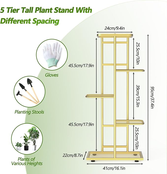 5 Tier 6 Potted Gold Plant Stand Indoor Outdoor with Gardening Tools and Gloves, Upgraded Corner Metal Plant Rack Units Shelf for Multiple Plants, Flower Pot Holder Display for Patio, Balcony, Living