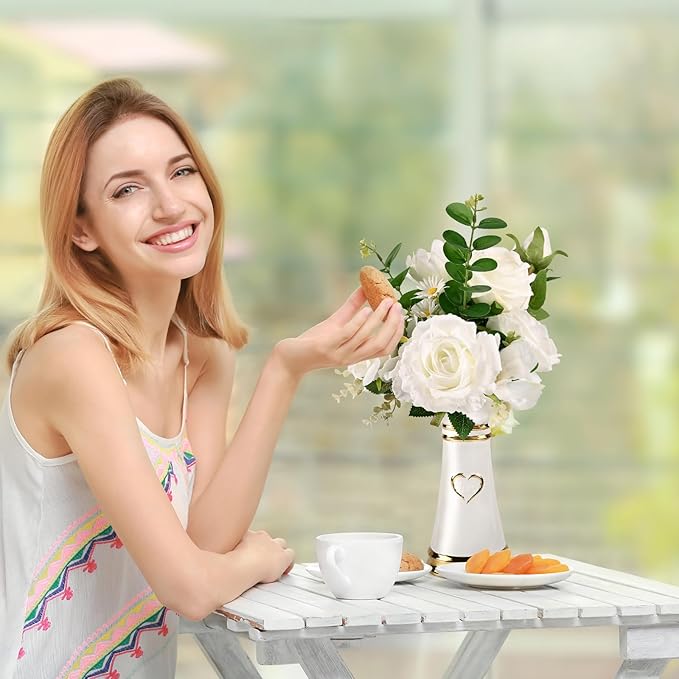 LoveLin Artificial Faux Flowers with Ceramic Vases,Affordable Luxury Artwork,Housewarming New Year Xmas Box for Wife Father,Living Dining Room Bedroom Office Hotel Home Decor White