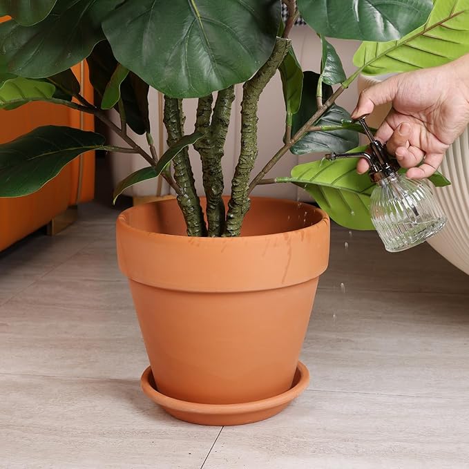 INGOFIN Terracotta Pot with Saucer - 12 Inch Ceramic Clay Pot for Plants with Drainage Hole, Terra Cotta Pot with Tray for Indoor Outdoor Plants