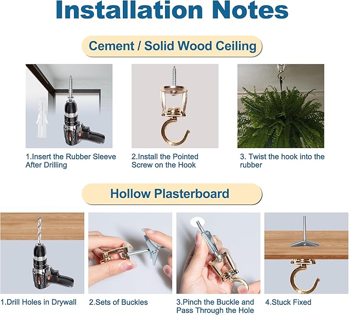 Ceiling Hooks for Hanging Plants (2 PCS Gold),Heavy Duty Metal Plant Hooks, Screw in Hooks for Hanging Birdfeeders, Lamps, Planters, Outdoor Decorative Hooks up to 33 lbs