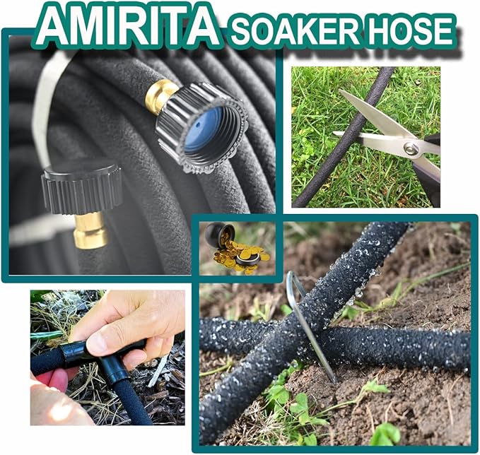 AMRITA Soaker Hose KIT,3/8inch 100ft Rubber Garden Hose 70% Water Saving,Black Heavy Duty Soaker Hose For Garden Lawn,Garden Raised Beds.(3/8-100FT) …