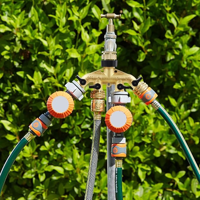 4 Way Brass Garden Hose Splitter Heavy Duty Garden Tap Hose Adapter Nozzle Switcher Connector with 4 Shut-Off Valves for Garden Irrigation Watering (American Thread 3/4)