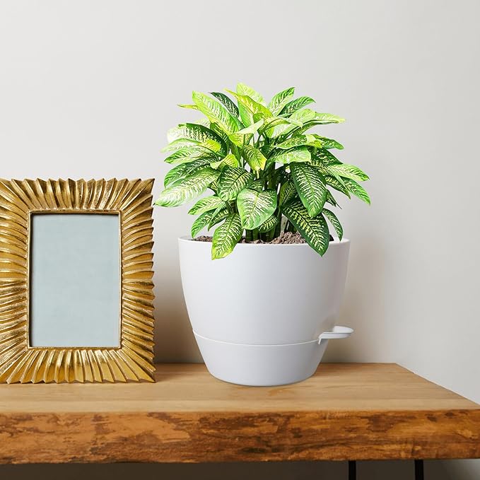 8 inch Self Watering Pots, Planter, Plant Pots with Mesh Drainage Holes for Indoor Outdoor House Plants and Garden, 2 Pack Plastic Flower Pots with Deep Reservoir for Patio Porch, White