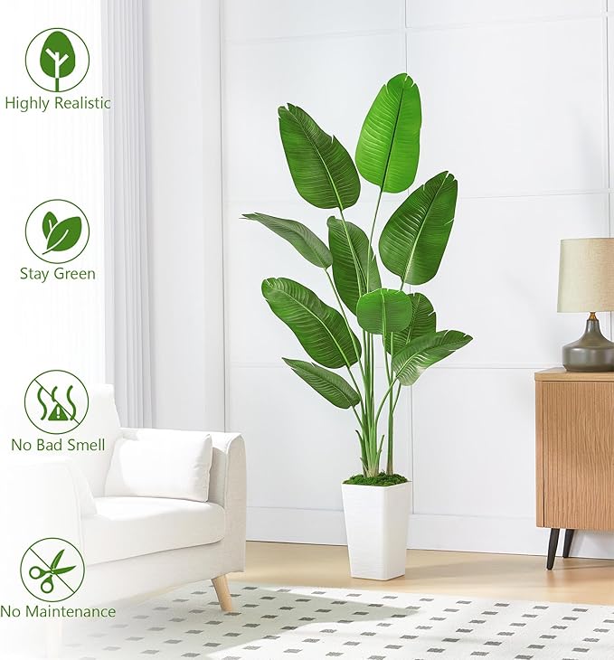 Lifelike Bird of Paradise Silk Artificial Plant Faux Banana Leaf Tree for Home Decor - Perfect Indoor Floor Plant with 9 Trunks (1, Black Planter, 5 FT)