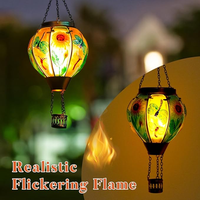 Hanging Hot Air Balloon Solar Lantern, Dragonfly Solar Power Hot Air Balloon Lantern Outdoor Waterproof, Glass Hanging Light for Outdoor Patio Garden Decor
