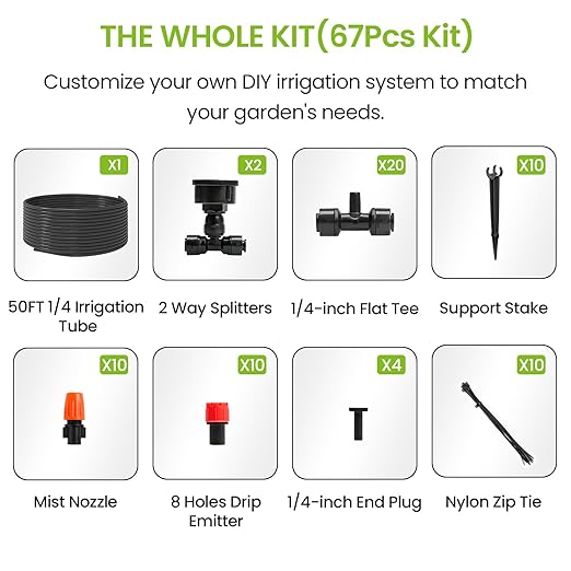 MIXC Drip Irrigation System, 50 FT Quick Connector Garden Watering System, Automatic Sprinkler Kit for Lawn Raised Bed Outdoor Plants Greenhouse with 1/4'' Tubing, Drip Emitters, Misting Nozzles