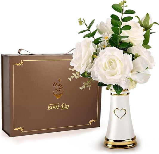 LoveLin Artificial Faux Flowers with Ceramic Vases,Affordable Luxury Artwork,Housewarming New Year Xmas Box for Wife Father,Living Dining Room Bedroom Office Hotel Home Decor White
