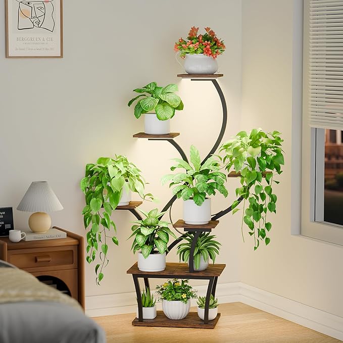 Plant Stand Indoor with Grow Lights - 7 Tiered Corner Shelf, 47" Tall Flower Stands for Indoor Plants, Display Holder for Home, Living Room, Patio Decor, Black