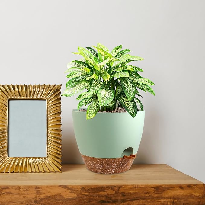 10 inch Self Watering Pots, 2 Pack Plastic Planters with Mesh Drainage Holes for Garden Plants and Flower, Plants Pots with Deep Reservoir for Indoor Outdoor Plants, Green with Brown