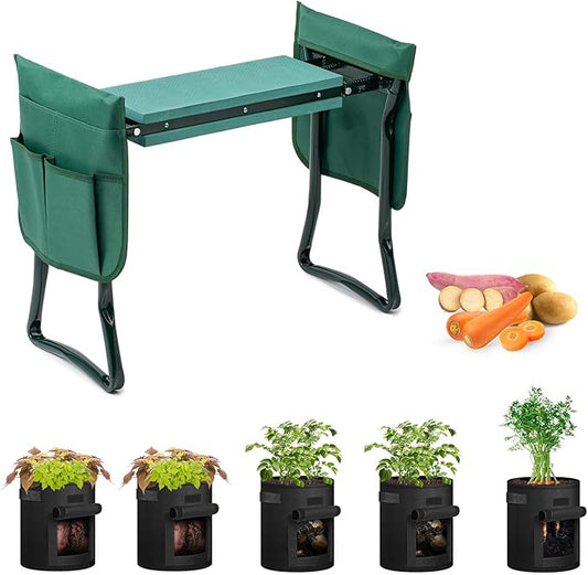 iPower 2-in-1 Garden Kneeler and Seat with 5 Pack 10 Gallon Potato Grow Bags, 2 Removable Tools Pouch and Soft Kneeling Pad, No Assembly, Portable Heavy Duty Garden Stool for Women Men Seniors