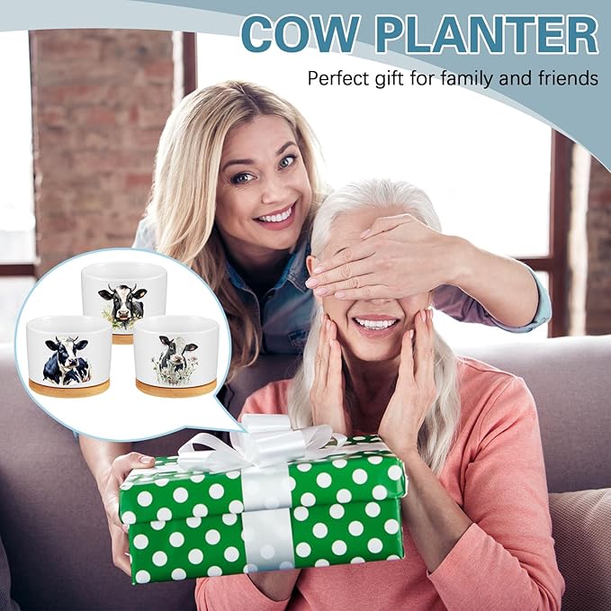 3 Pcs Cow Decor Gift for Christmas Women Planter Ceramic Gift Animal Plant Pot with Bamboo Tray for Office Home Farm House Bathroom Kitchen Decorations (No Plants Included)