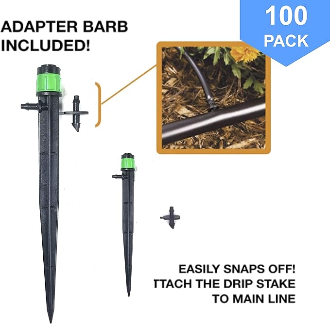 (100-PACK) - 1/4" Inch 360 Degree Drip Emitter On 5" Stake Sprayer Adjustable Flow 0-20 GPH, Fits 1/4 (4-6mm) Irrigation Tubing - Micro Bubbler Drippers for Drip Irrigation (100 Pack Dripper on Stake)