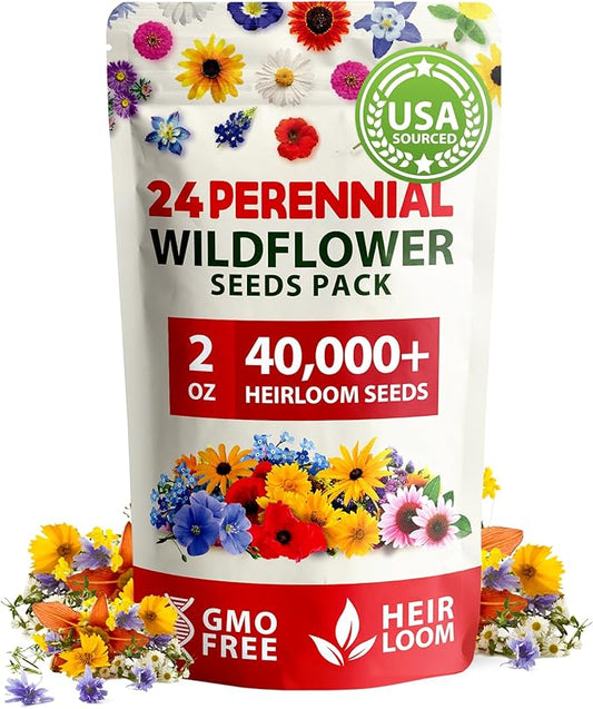 HOME GROWN Wildflower Seeds - 2oz Bulk Perennial Wild Flower Seeds Mix - Flower Garden Seeds for Attracting Bees, Birds & Butterflies - 24 Variety Plant Seeds for Planting Outdoor Garden