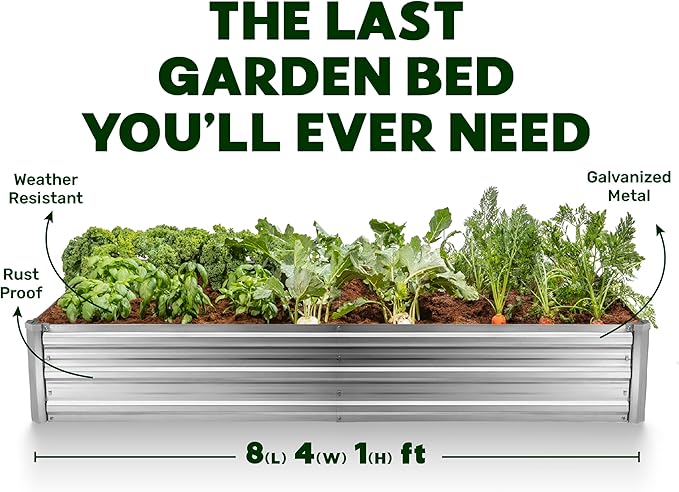 Galvanized Raised Garden Beds Outdoor // 8×4×1 ft Planter Raised Beds for Gardening, Vegetables, Flowers // Large Metal Garden Box (Silver) // Patented Tool-Free Design