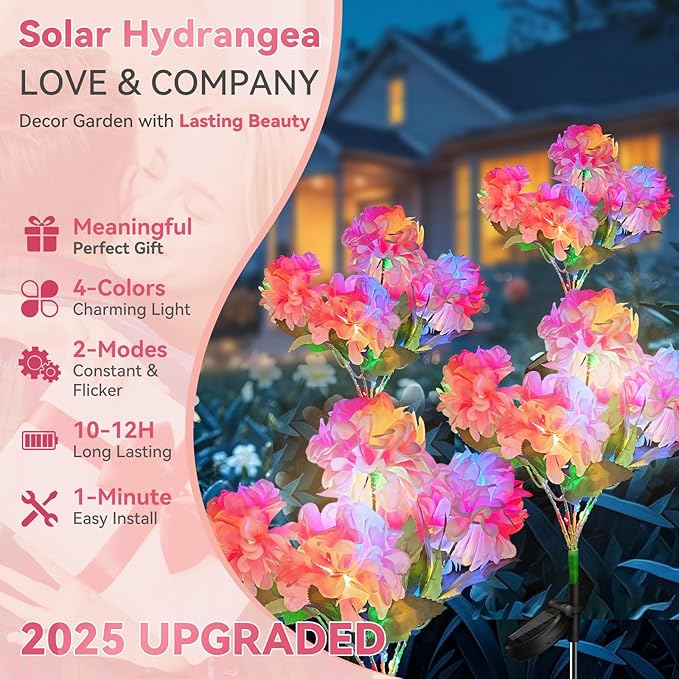 Neporal Solar Flowers Outdoor Waterproof IP65, 4PK 5-Head Hydrangea with 4-Color Light & 2 Lightning Modes, Solar Flower Lights Garden Lights Outdoor Waterproof for Garden, Yard,Pathway