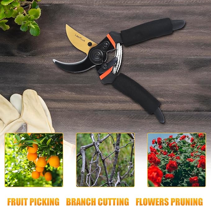 Pruning Shears, Professional SK5 Quality Durable Titanium Plated Rust-Proof Bypass Pruning Shears with Soft Cushion Grip Handle, Hand Pruners, Clippers for Gardening, 8 Inch, LFXP1003B