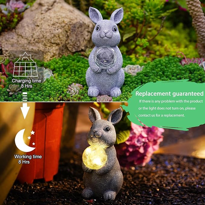 Solar Garden Outdoor Statues Bunny with Gazing Ball - Outdoor Decor Garden Rabbit Statue for Patio, Balcony, Yard, Lawn Ornament - Unique Housewarming Gifts