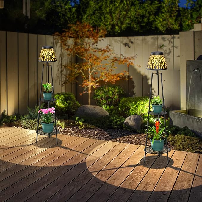 2 Pack Metal Solar Floor Lights Outdoor with Plant Stands, 45.5'' Solar Powered Street Lights, Solar Lantern for Garden Yard Pathway Driveway Porch