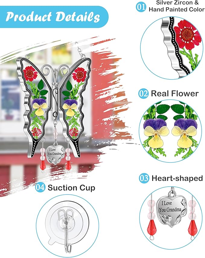 KY&BOSAM Gifts for Women I Love You Grandma Butterfly Suncatcher Stained Glass Suncatchers for Window Hanging Home Decor Garden Wind Chimes Birthday Gifts for Women Mothers Day Valentine's