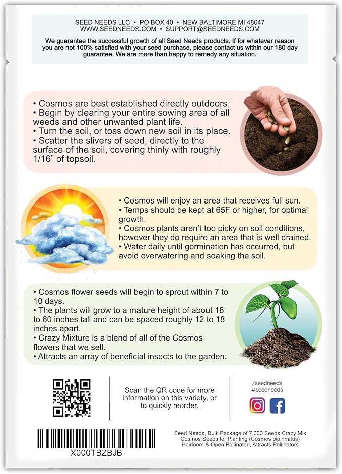 Seed Needs 2.1 Ounce Cosmos Flower Seeds 10+ Varieties Specialty Crazy Blend (Cosmos Bipinnatus, Open Pollinated & Untreated) Resealable Pouch Butterfly Garden Variety - Bulk