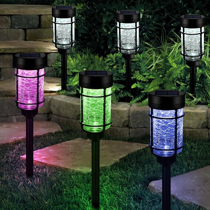 Solar Pathway Lights 6 Pack, Color Changing+Cool White LED Solar Lights Outdoor, Waterproof Solar Crackle Glass Stake Lights for Garden Path Walkway Backyard Lawn Landscape Decoration