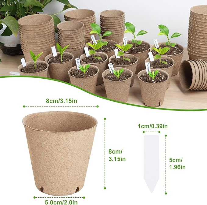 130 Pcs Organic Peat Pots, 3.15 Inch Nursery Pot, Round Plant Seedling Pots with Drainage Holes, Small Seed Starting Starter Tray Bulk, Garden Germination Container with 130 Planting Labels
