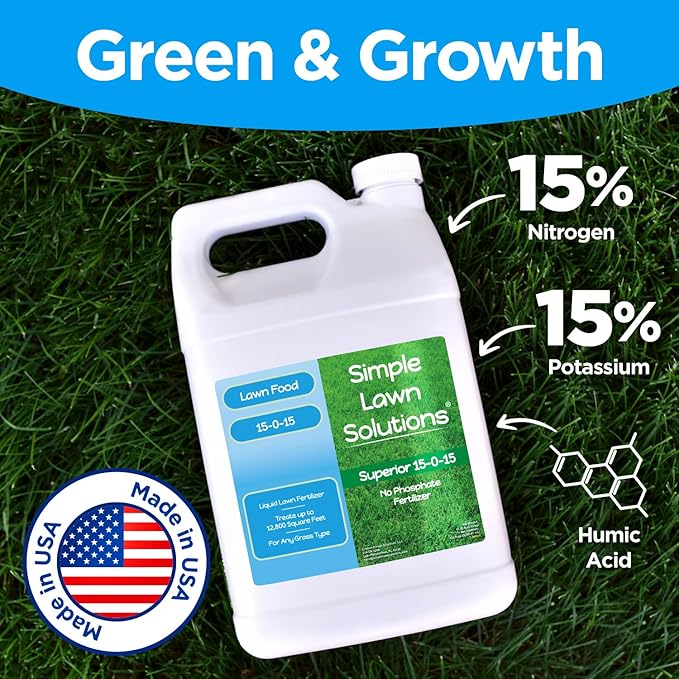 Superior 15-0-15 Liquid Lawn Fertilizer - Lawn Food for Growth & Green - Nitrogen, Potassium, Humic, Fish & Seaweed - Any Grass Type- Simple Lawn Solutions - All Season- Concentrate (1 Gallon)