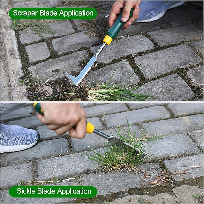 2 Pack 13" Crack Weeder Crevice Weeding Tool with Garden Gloves, Stainless Steel Manual Weeder Lawn Yard Gardening Hand Tool (L-Shape)
