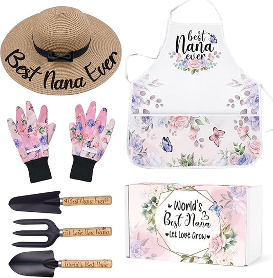 Nana Gifts for Mothers Day, Gardening Tools Kit with Gloves Apron and Hat, Best Nana Ever Gifts for Plant Lover, Gardening Gifts Set for Christmas, Grandma Gifts from Grandkids Grandchildren