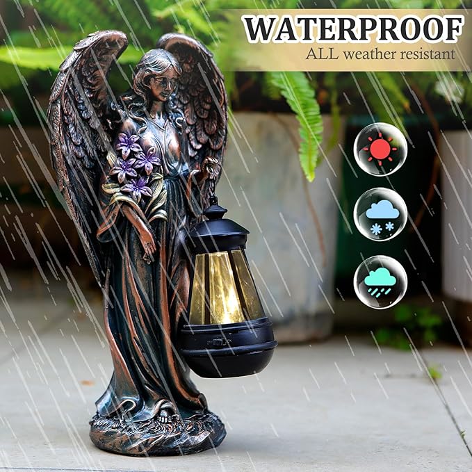 Solar Angel Outdoor Garden Decor Statues – 13.2 inches Solar Outdoor Sculptures for Outside Yard Art Patio Balcony Front Lawn Ornaments Gifts for Mom Grandma Women(Bronze)
