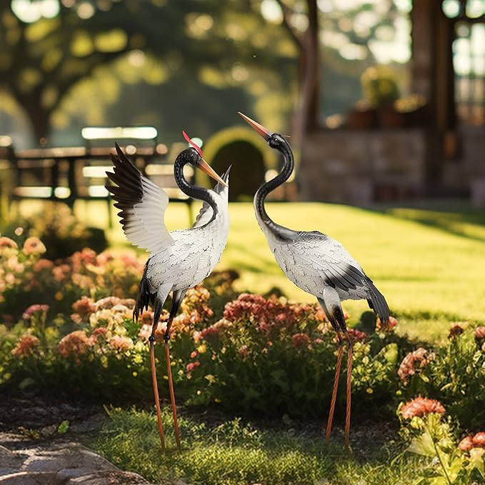 TERESA'S COLLECTIONS Yard Decorations Outdoor Garden Statues, White Metal Crane Yard Art, 33-39inch Lawn Ornaments for Backyard, Outside Porch, Patio, Wedding Decor,Set of 2,Spring Decor,Gifts for Mom
