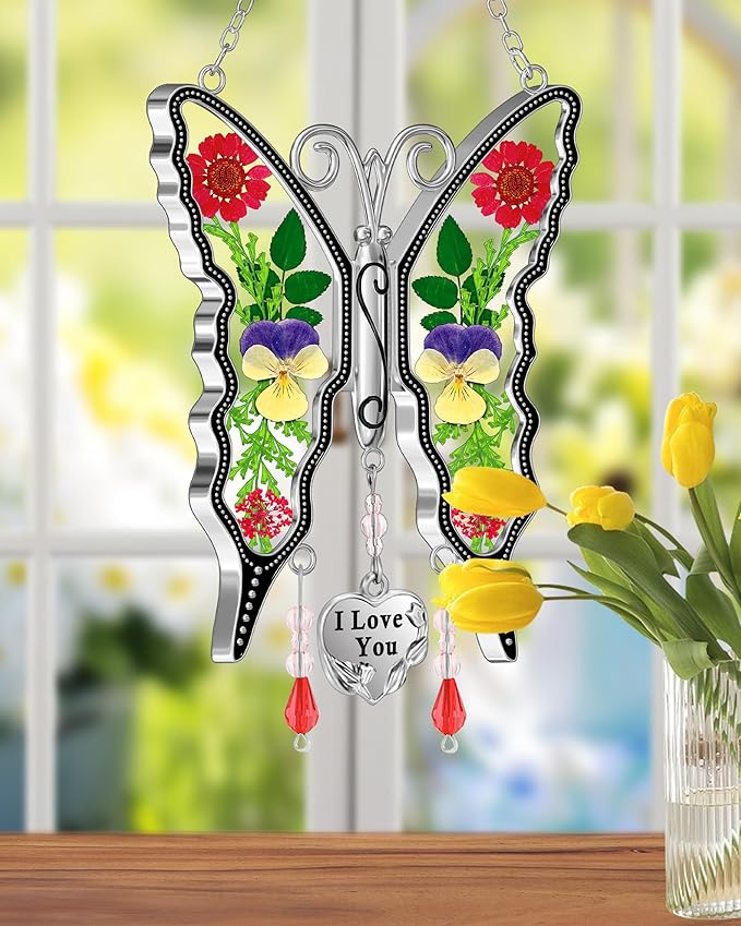 KY&BOSAM Butterfly Suncatcher I Love You Gifts for Mom for Windows Hangings Wind Chimes Pressed Flower Between Wings with Metal Heart Charm Birthday Gifts for Women Mother's Day Valentine's Christmas