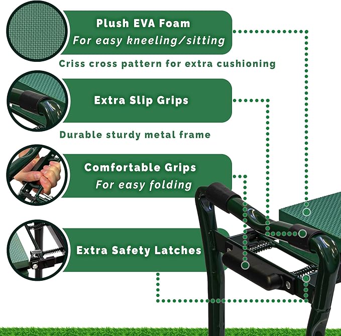 Morvat Garden Kneeler and Seat with Four Gardening Tools, Pair of Gloves + Two Side Pouches, Heavy Duty Metal & Thick Foam for Women Men Mom Seniors, Foldable Portable, Kneeling Pad with Safety Locks