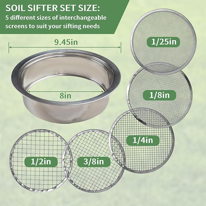 Soil Sifter for Rocks Stainless Steel Compost Sifter with 5 Replaceable Mesh, Dirt Sifter for Gardening Soil Weed Sand Cat Litter Bonsai with Planting Mat,Shovel,Gloves