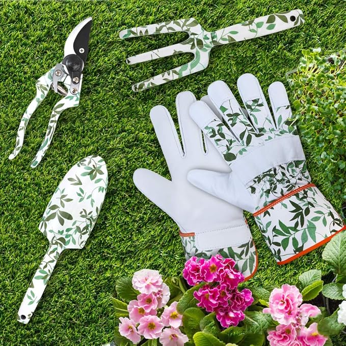 Leather Gardening Gloves with 2Pcs Garden Tools and 1Pc Pruning Shear for Men and Women, Medium Size