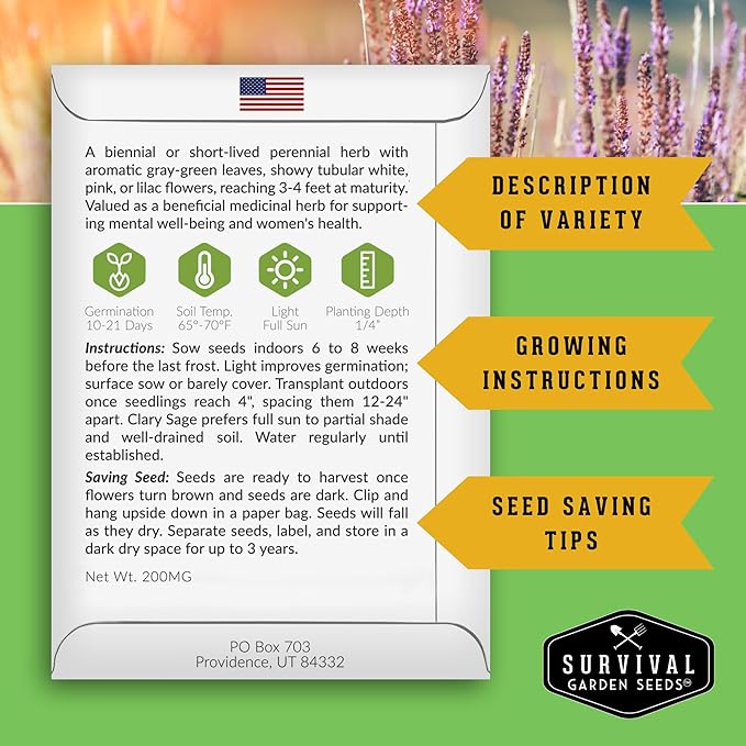 Survival Garden Seeds - Clary Sage Seed for Planting - 3 Packs with Instructions to Plant & Grow Salvia Sclarea Medicinal Herbs in Your Herbal Garden - Non-GMO Heirloom Variety