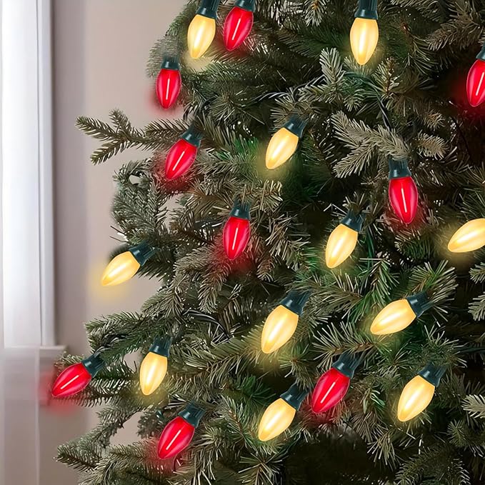 C7 LED Christmas Lights Outdoor, 25FT Red and Frosted White Christmas Lights with 27 LED Energy-Efficient Bulbs, Hanging Outdoor Decorations Vintage Christmas Lights for Party Tree Patio Garden Yard