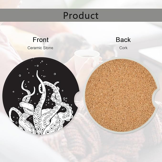 Octopus Tentacles Car Coasters,Ceramic Absorbent Cup Holders with Finger Notch & Cork Base Car Assecories for Women/Men 2.6"(2 Pieces)