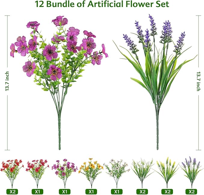 12 Bundles Artificial Flowers for Outdoor,No Fade Fake Plastic Flower Lavender Monkey Grass for Decoration,Faux Plants Hanging Planters Indoor Outside Garden Porch Window Box Home Wedding