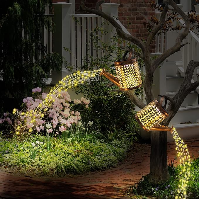 Solar Watering Can with Lights, Outdoor Garden Decor, Hanging Lantern Waterproof, Metal Solar Waterfall Lights for Yard Patio