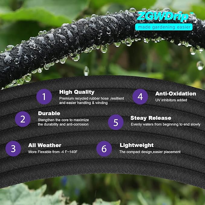 Soaker Hose 15 FT,1/2 Inch Soaker Garden Hose with 3/4" Solid Brass Connectors