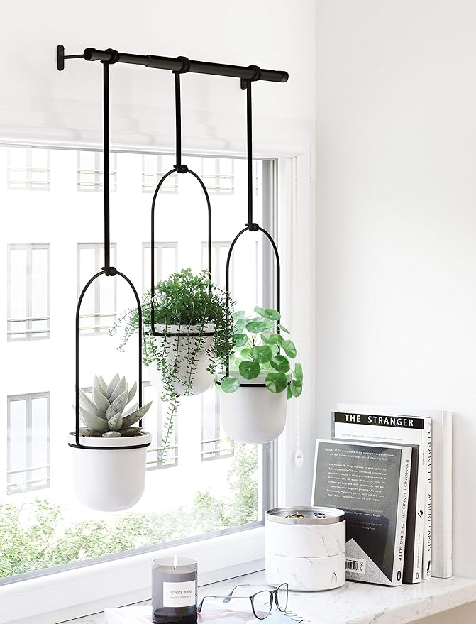 Umbra Triflora Hanging Planter for Window, Indoor Herb Garden, Set of 3, White/Black
