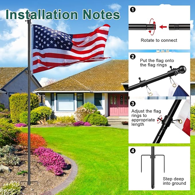 Yard Flag Pole for Outside House in Ground - 8.5 ft Tangle Free Stainless Steel Flagpole with 2 Anti-Tip Prong Base,Portable Flag Pole kit with 3x5 American Flag for Outdoor RV Camper,Black