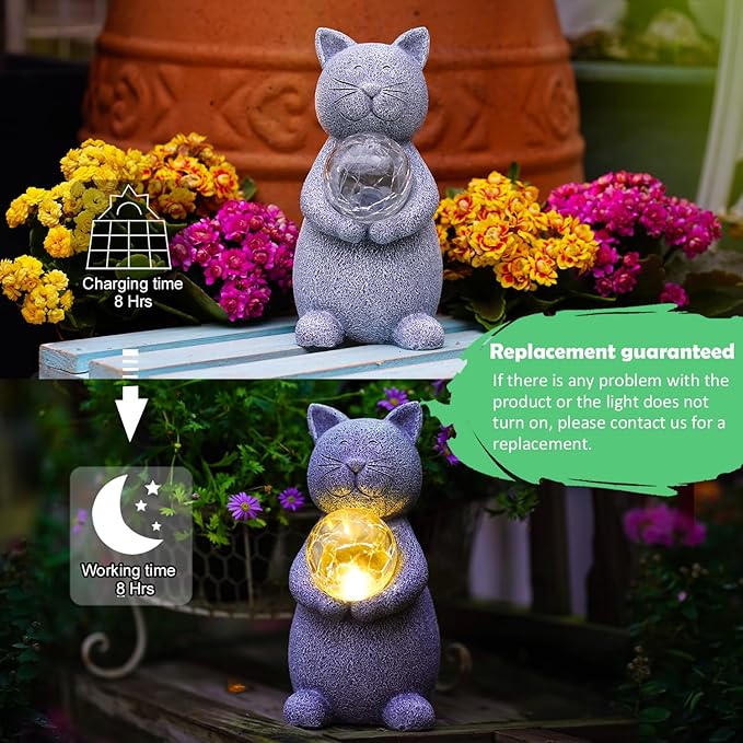 Solar Cat Statue Garden Decor - Cat Lover Gifts, with Gazing Solar LED Lights Ball Cat Decoration for Garden Yard Patio Lawn Balcony - Gifts for Mom Grandma (Gray Cat)