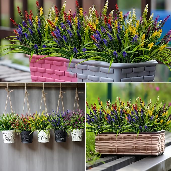 Artificial Flowers for Outdoor Plants 24 Bundles Fake Lavender Plastic Faux Monkey Grass for Verandah Window Garden Office Patio Front Porch UV Resistant for Planter(5 Colors)