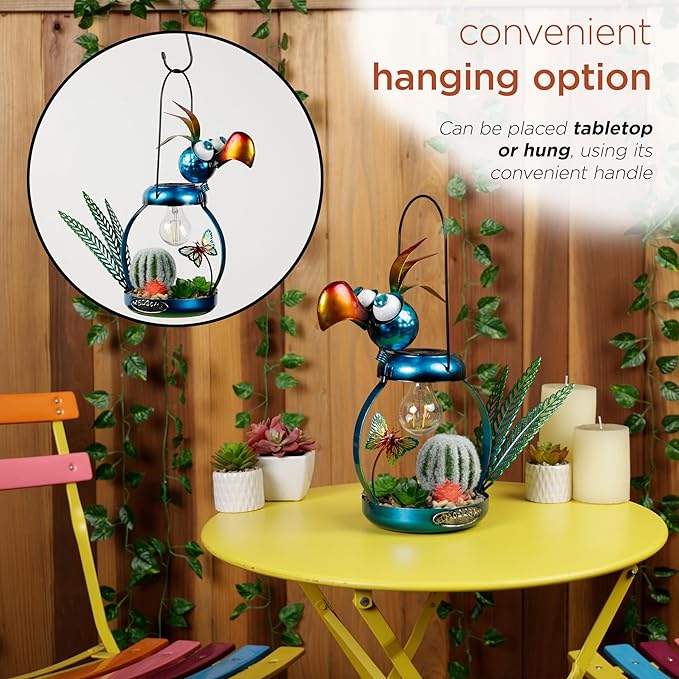 Alpine Corporation LYT290SLR-HH Solar-Powered Metal Flamingo with Garden Enclosed LED Light, Solar Patio Decor, 16''H, Blue